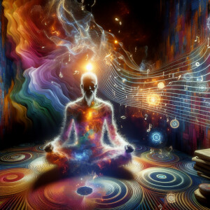 African Sufi meditating while turning into light surrounded by a...