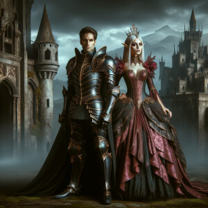 Black and grey knight with a short and curvy queen elf with a burgundy , gold and pink dress standing in front of a undead castle