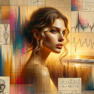 Abstract, minimalist, painting, with pencil line, paint stroke, gestures, colorful marks, mathematical equations, electrical cardiogram, printouts complex math formulas, dna asian teen girl