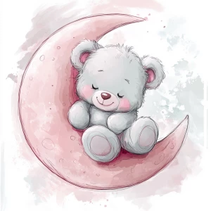 A cute, cartoon teddybear sits on a stylized, rosy-pink crescent moon. The teaddy bear is light gray with large, round, pink-spotted ears.  Its body is round and he has expressive eyes.  its facial expression is happy and friendly. The teddy bears leg and foot are visible, and its posture is relaxed, slumped  against the curve of the moon. it's stomach is lying down on the moon with left arm and leg showing hanging down. The moon is a soft, shaded pink, with watercolor-like texture and subtle shading. The background is white. The image is in a child-friendly style, showcasing delicate line work and color palettes. The composition is centered on the teddy bear which is positioned on the moon, giving the moon a hug with closed eyes. The overall style is sweet, whimsical, and reminiscent of children's book illustrations.  The colors are pastel and soothing, creating a gentle atmosphere.