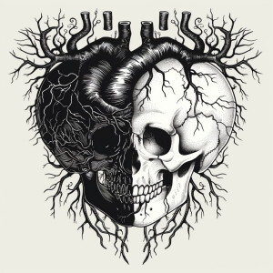 Show me detailed ornate pictures of a heart with skull siloute