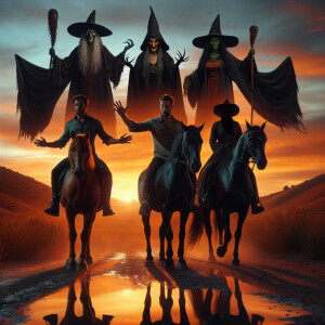 2 men ride on horses, three witches in front of them