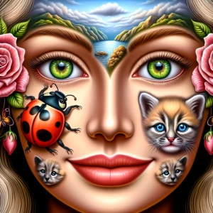 Generate a surreal portrait with a face including: a ladybug-sha...