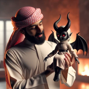 "A regular-sized man gently lifting a small female demon with el...