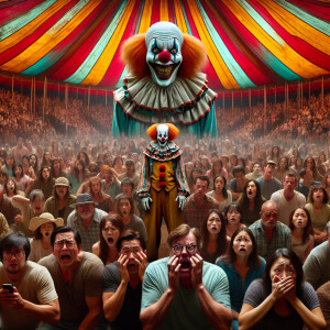 People are sitting in horror in the circus tent, and in the cent...