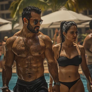 Realism,a man muscular beefy sweaty walking with a woman(his 50...