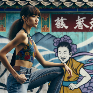 Very thin Athletic Thin skinny Attractive, Asian teenage girl, long brown hair and bangs, wearing tight skinny jeans and a halter top paint marks on her clothing, sitting side view heroic pose Asian graffiti