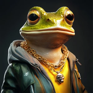 realistic anthropomorphic frog character wearing gold chains and...