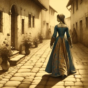 A young woman wearing a finely detailed blue dress, walking alon...