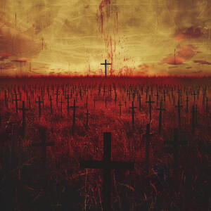 مئات الصلبان الصغيرة يتوسطها صليب كبير مخضب بالدماء