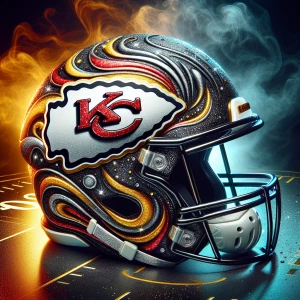 pretty glitter filled black outlined vividly  colored helmet with the Kansas City chiefs  football team logo and colors placed centrally with the team name written in bold graphic font Kansas City chiefs  the back  ground is smokey and gold