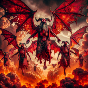 red gothic devils flying throw burning clouds