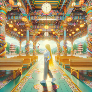 Maximalism，Park Pavilion，Wear clean and tidy clothes，Woman wi...