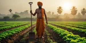hardworking Indian farmer wearing traditional dhoti and turban w...