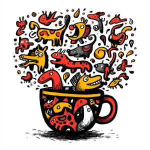 hand-drawn coffee cup overflowing with chaotic animals, fun bold...