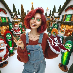 Whimsical Christmas   scene A happy woman with shoulder-length,...