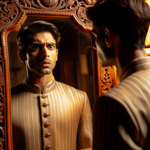 Male servant bewildered by his own appearance in the mirror