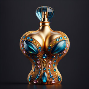 Create a 3-D realistic gold and blue, colorful jewels perfume b...