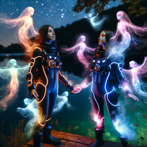 Two girls are standing near the lake at night in a hydro suit an...