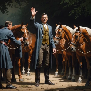 A commanding figure stands with urgency, raising his hand as he...