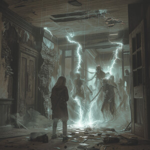 AI Image: Sarah facing a group of ghostly apparitions, with the...