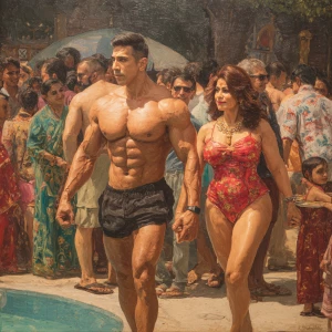 Hyoerrealism photo painting,a muscular beefy kashmiri son in law...
