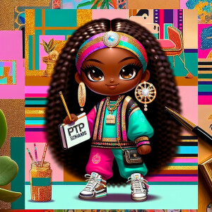 A Chibi-style African American girl with mocha skin, long flowin...
