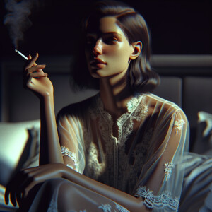 Young brunette woman in a sheer nightgown siting on her bed smoking a cigarette .