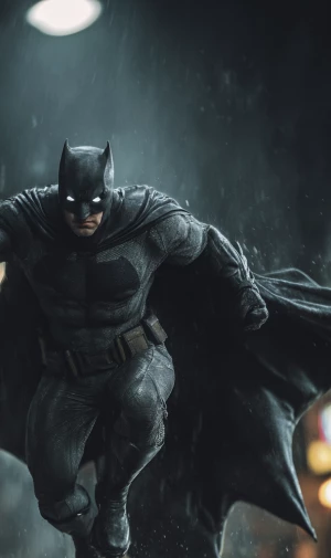 Ultra photo-realistic image of Batman in mid-action, leaping fro...