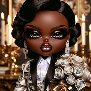 Generate an image of a powerful, dark-skinned chibi-style woman...