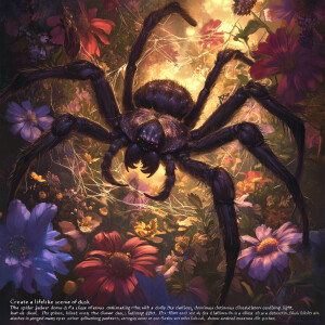 "Create a lifelike scene of a giant spider dominating a flower g...