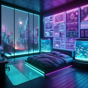 Cyberpunk bedroom with water