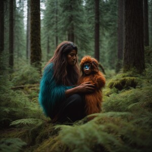 A mother humanoid looking hair covered sasquatch looking after h...