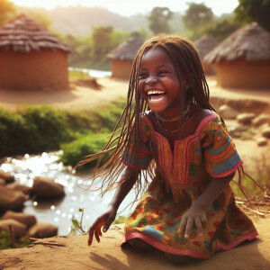 A little African girl in the African village with long braided h...