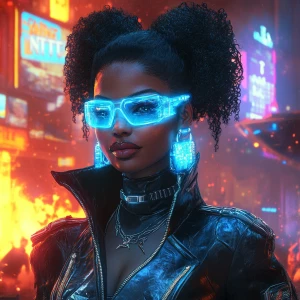 A futuristic female character with dark skin, styled in volumino...