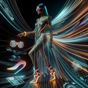 A sophisticated woman in a flowing dress made of a luminous, self-repairing fabric. Her ensemble is accentuated by glowing accessories, such as a bracelet that projects holographic patterns and a pair of gravity-defying shoes