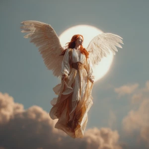 Full-body portrait of a beautiful redhead angel descending from...