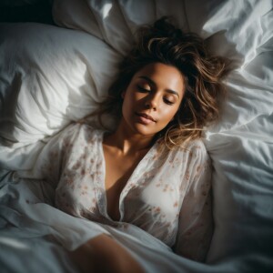 Full body shot of a Beautiful woman waking up laying on her side...