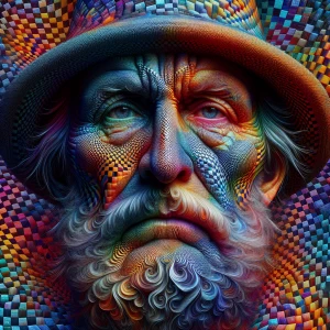 A man's face dissolving into a colorful checkerboard texture, 3D...