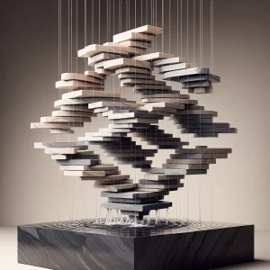 Create an image of a segmented, suspended slate stone fountain i...
