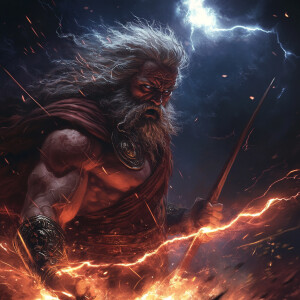 Create an image of Zeus angered with humanity, hurling his light...