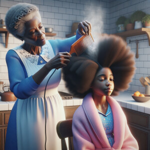 Create a realistic 3-D image of an african-American grandmother wearing a blue house dress and a white apron . She is in the kitchen with her african-American granddaughter. Her granddaughter is wearing a pink bath robe. The grandmother has a hot comb in her hand and she is straightening her granddaughters hair. One side of her granddaughters hair is in  a Afro the other straight 
There is smoke coming from the hot comb
The granddaughter is making a face