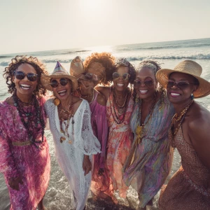 A group of stylish, middle-aged aunties, with radiant, sun-kisse...