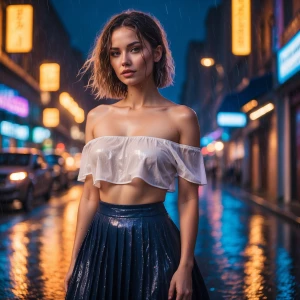 woman with wet hair glowing in city lights, white off-shoulder c...