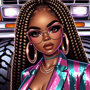 Compose a stylized glossy African American Latina cartoon woman,...