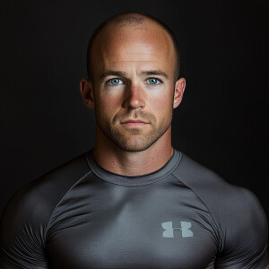 Create a body portrait image of a 32 year old man who’s balding...