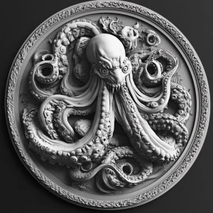 Design a high-contrast grayscale 3d bas relief of the kraken, Th...