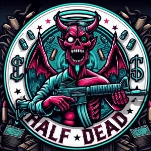 Create a professional, horror-themed circular brand logo featuri...