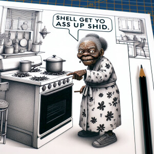 Prompt: A whimsical realistic grumpy African American elder lady...