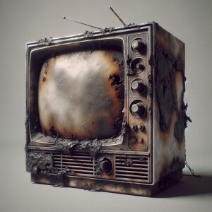 A straight on close up of a Tube TV with an empty screen. It is...